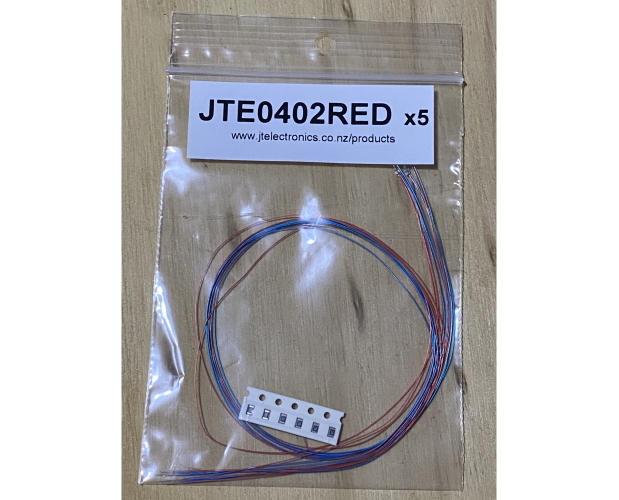Model: JTE0402RED. 0402 (1mm x 0.5mm) prewired red LED's. Sold in a 5pack with 5x 2200ohm resistors
