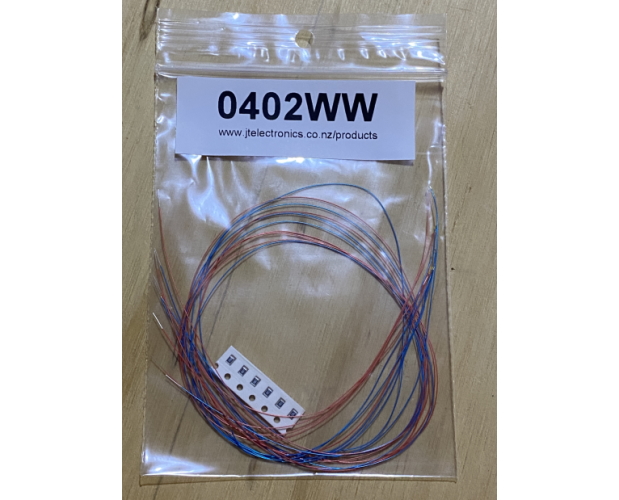 Model: JTE0402WW. 0402 (1mm x 0.5mm) prewired warm white LED's. Sold in a 5pack with 5x 2200ohm resistors