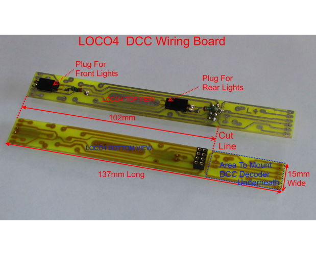 Model JTELOCO4. Wiring board to fit inside locomotive to allow easy wiring of DC or DCC connections