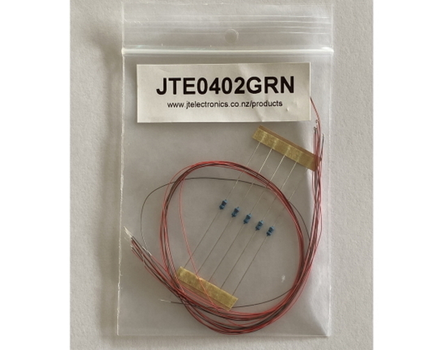 Model: JTE0402GRN. 0402 (1mm x 0.5mm) prewired green LED's. Sold in a 5pack with 5x 2200ohm resistors