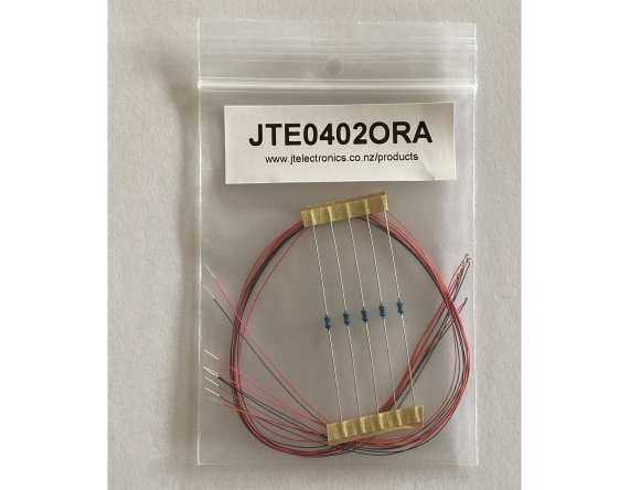 Model: JTE0402GORA. 0402 (1mm x 0.5mm) prewired orange LED's. Sold in a 5pack with 5x 2200ohm resistors