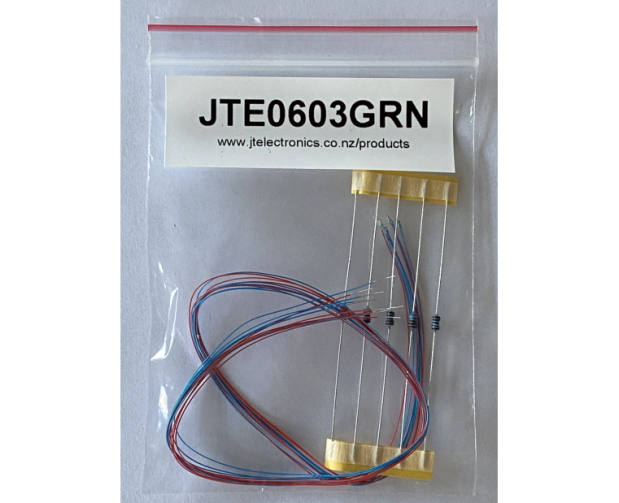 Model: JTE0603GRN. 0603 (1.6mm x 0.8mm) prewired green LED's. Sold in a 5pack with 5x 1000ohm resistors