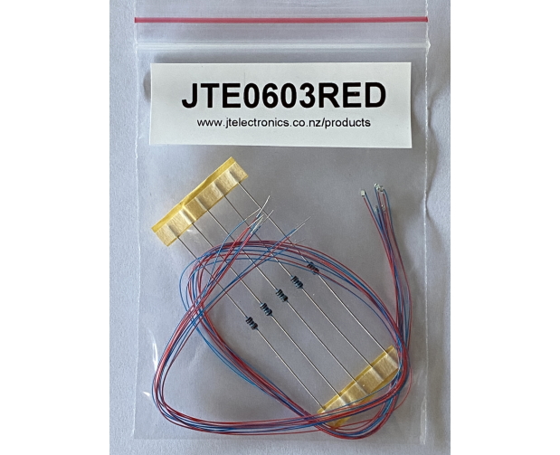 Model: JTE0603RED. 0603 (1.6mm x 0.8mm) prewired green LED's. Sold in a 5pack with 5x 1000ohm resistors