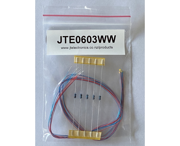 Model: JTE0603WW. 0603 (1.6mm x 0.8mm) prewired green LED's. Sold in a 5pack with 5x 1000ohm resistors