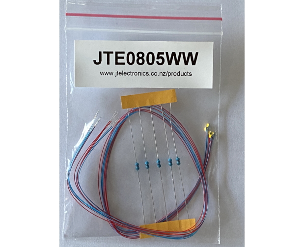 Model: JTE0805WW. 0805 (2.0mm x 1.2mm) prewired green LED's. Sold in a 5pack with 5x 620ohm resistors