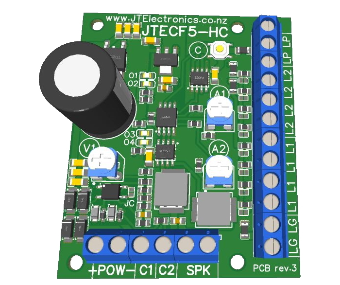 Model: JTECF5-HC. A low cost grade crossing LED flasher module with high current adjustable voltage outputs for lamps or LEDs