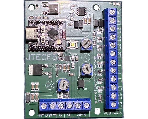 Model: JTECF5. A grade crossing LED flasher module with high current adjustable volume, and adjustable voltage outputs for lamps or LEDs